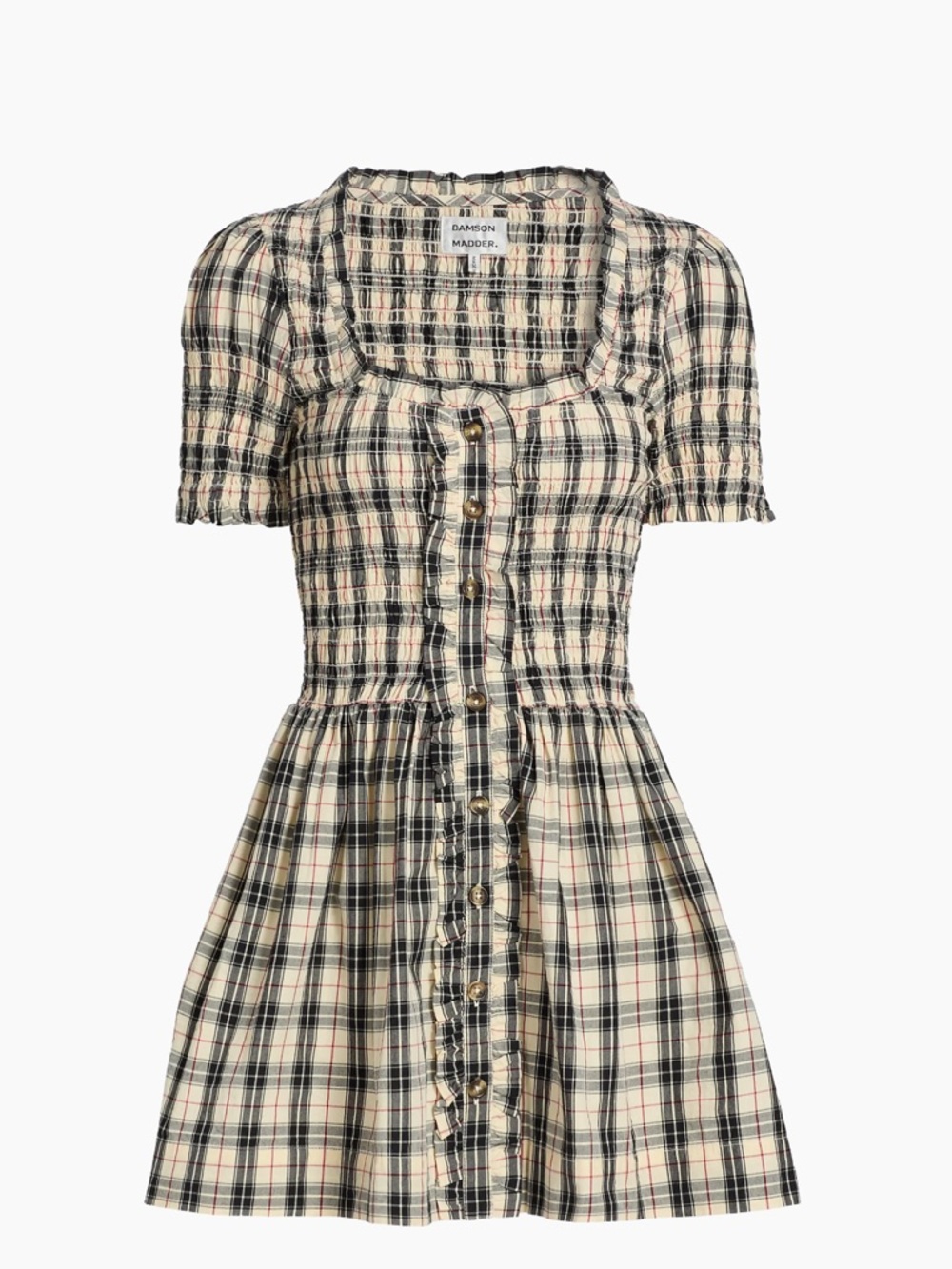 Damson Madder Plaid Square-Neck Short Sleeve Mini Dress - Beige/Black